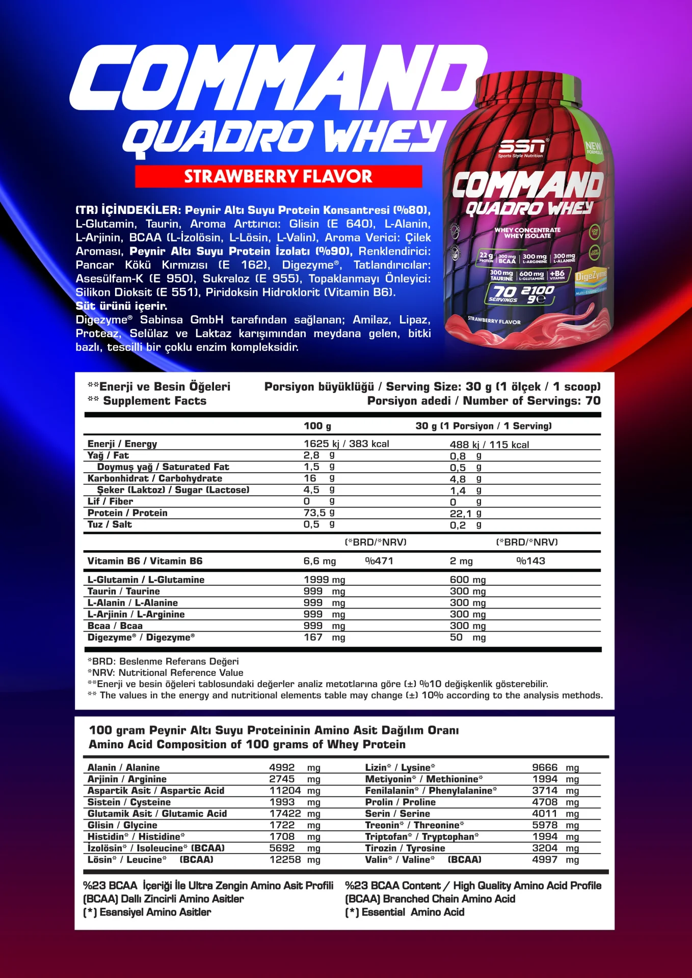 SSN SPORTS STYLE NUTRITION COMMAND QUADRO WHEY 2100 GR (ÇILEK) PROTEIN TOZU