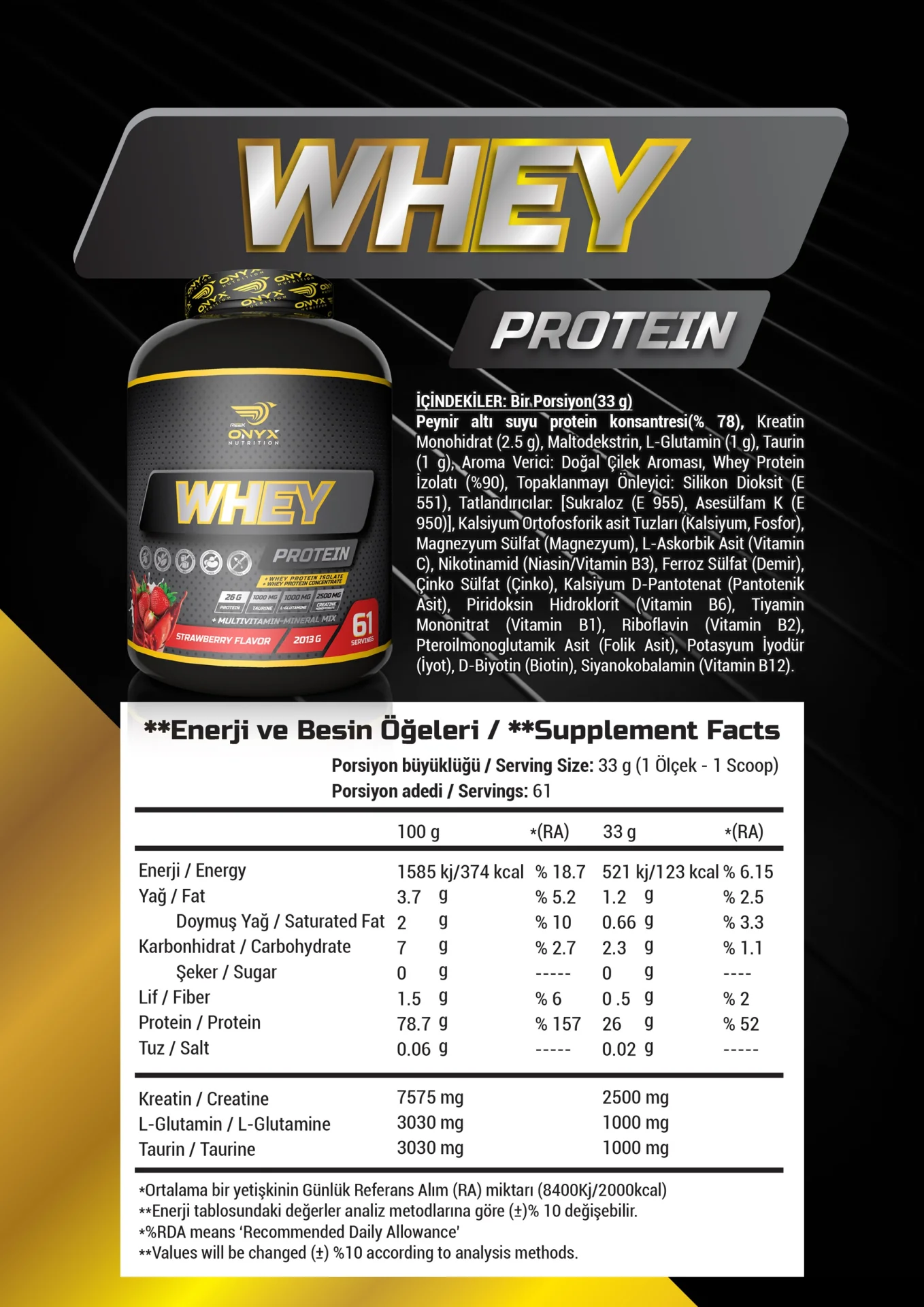 ONYX %100 WHEY PROTEIN TOZU 2013 GR ÇİLEK AROMALI