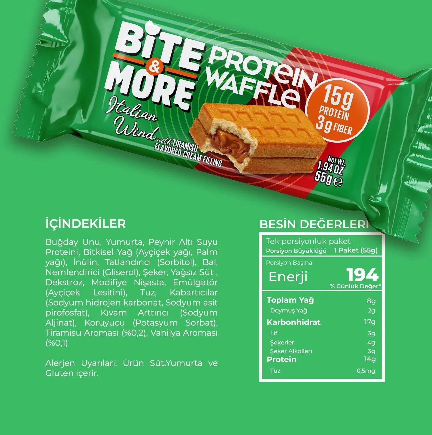 BİTE MORE PROTEİN WAFFLE TİRAMİSU KREMALI 12 ADET X 55GR