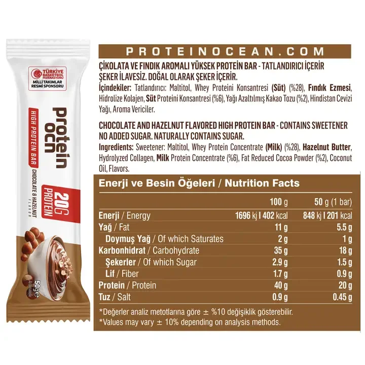 PROTEİNOCEAN FINDIK ÇİKOLATASI AROMALI PROTEIN BAR - 12 ADET